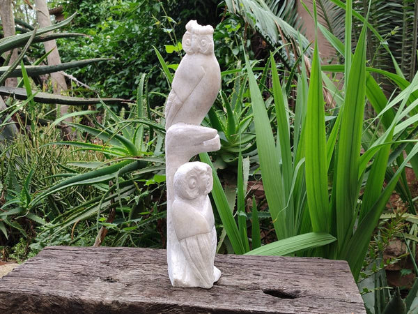 Hand Made White Marble Twin Owls On A Branch Carving x 1 From Zimbabwe