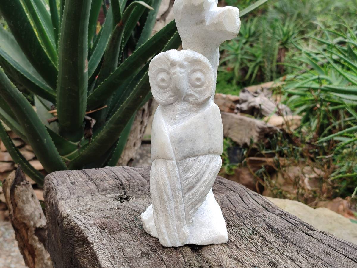 Hand Made White Marble Twin Owls On A Branch Carving x 1 From Zimbabwe - Toprock Gemstones and Minerals 