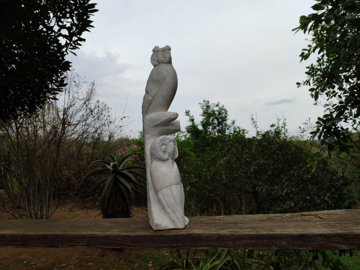 Hand Made White Marble Twin Owls On A Branch Carving x 1 From Zimbabwe - Toprock Gemstones and Minerals 