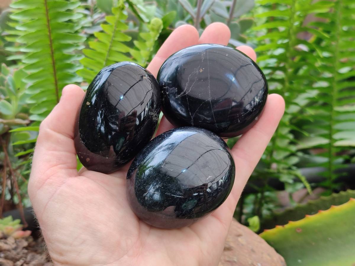 Polished Black Tourmaline Galets x 12 From Madagascar - Toprock Gemstones and Minerals 