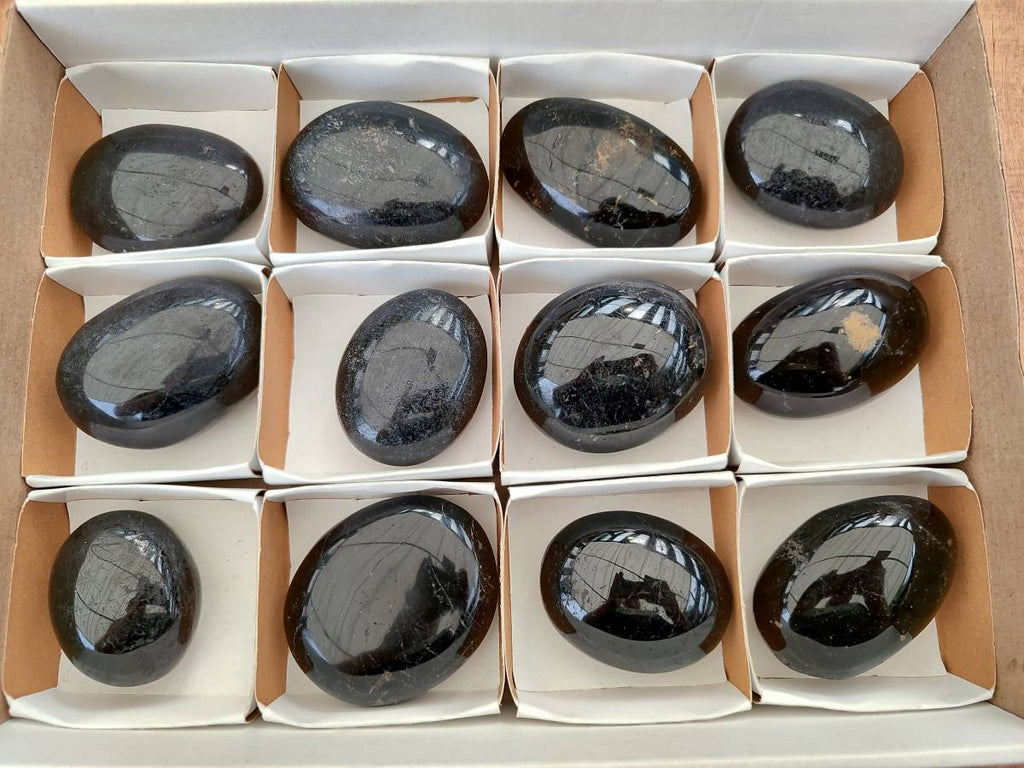 Polished Black Tourmaline Galets x 12 From Madagascar - Toprock Gemstones and Minerals 