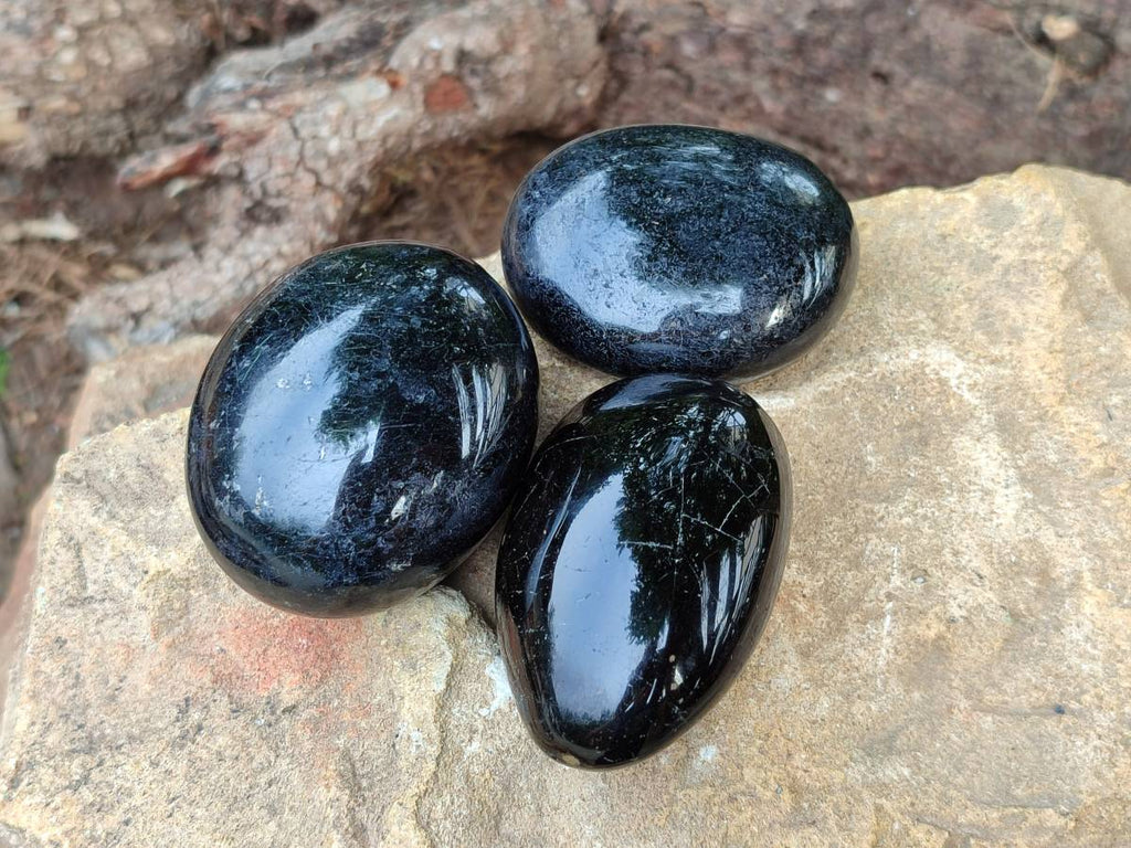Polished Black Tourmaline Galets x 12 From Madagascar - Toprock Gemstones and Minerals 
