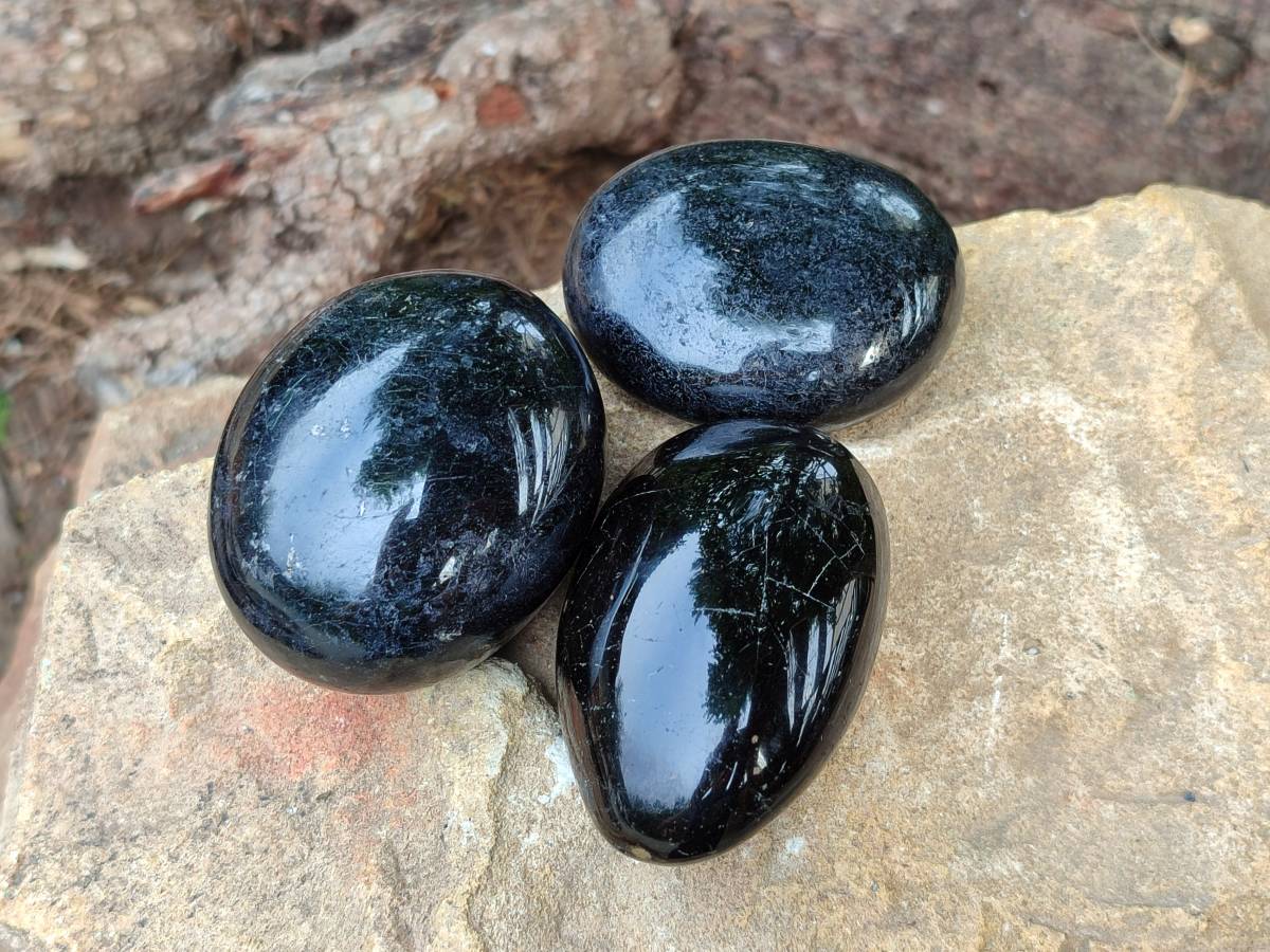 Polished Black Tourmaline Galets x 12 From Madagascar - Toprock Gemstones and Minerals 