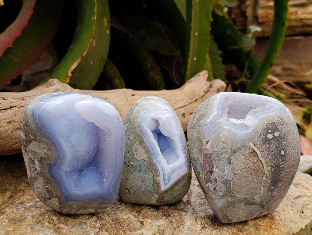 Polished Blue Lace Agate Standing Free Forms x 3 From Nsanje, Malawi - Toprock Gemstones and Minerals 