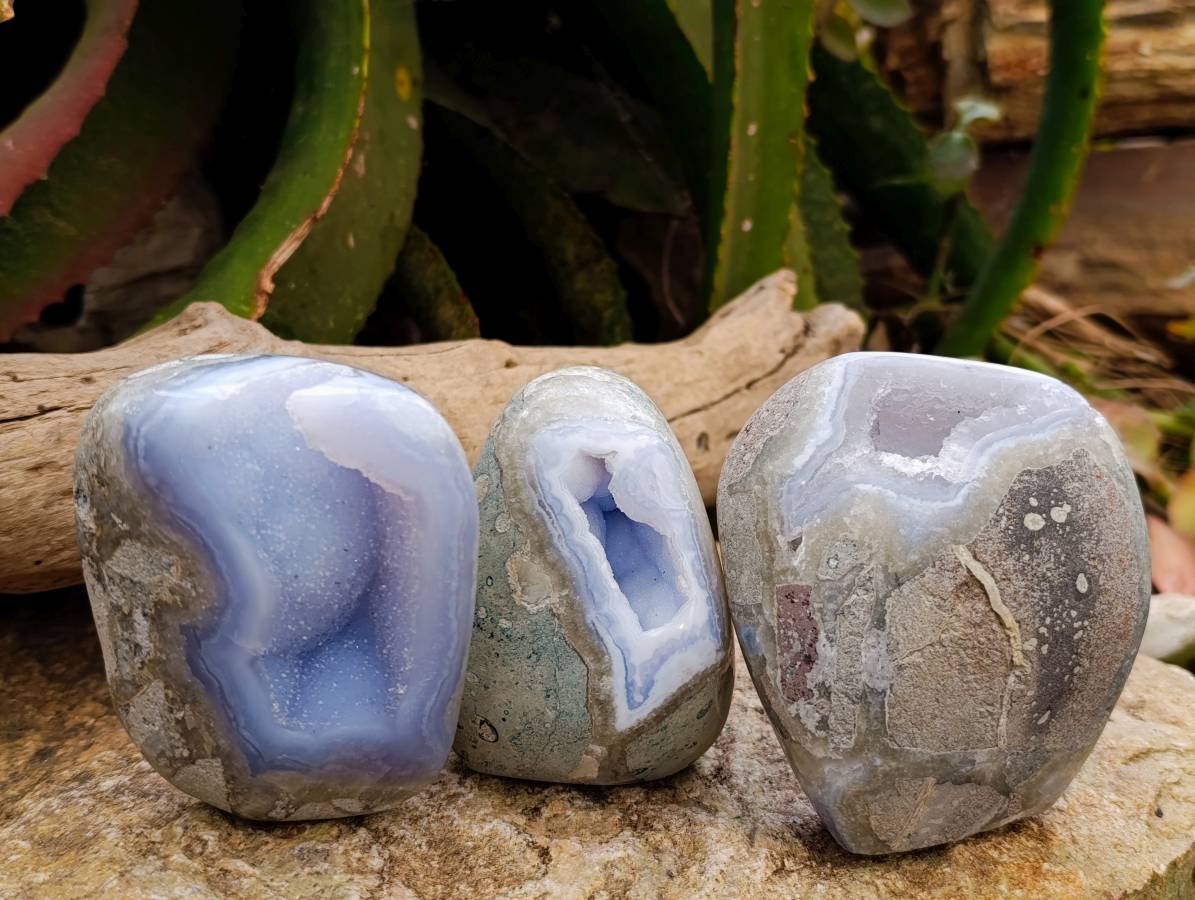 Polished Blue Lace Agate Standing Free Forms x 3 From Nsanje, Malawi - Toprock Gemstones and Minerals 