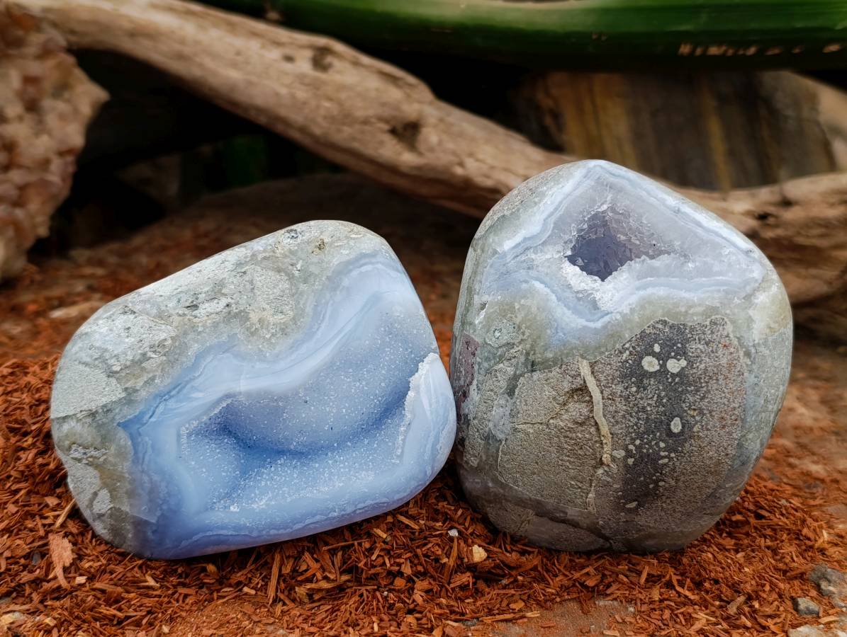 Polished Blue Lace Agate Standing Free Forms x 3 From Nsanje, Malawi - Toprock Gemstones and Minerals 