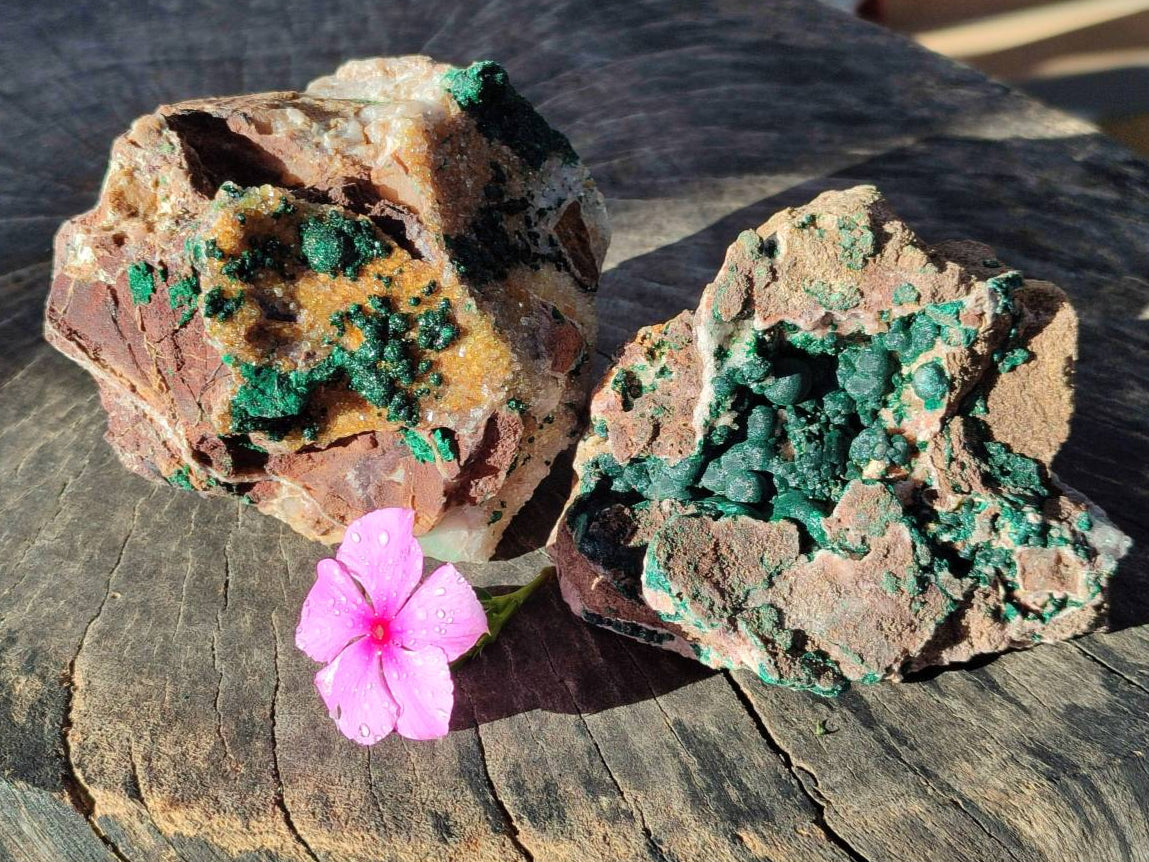 Natural Ball Malachite and Drusy Quartz On Dolomite Matrix Specimens x 2 From Mindingi Mine, Kambove, Congo - Toprock Gemstones and Minerals 