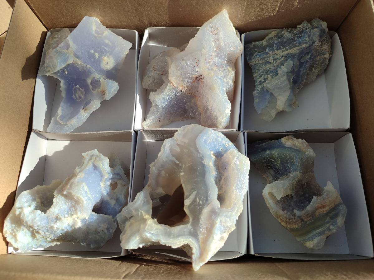 Natural Etched Blue Chalcedony Geodes x 6 From Nsanje, Malawi - Toprock Gemstones and Minerals 