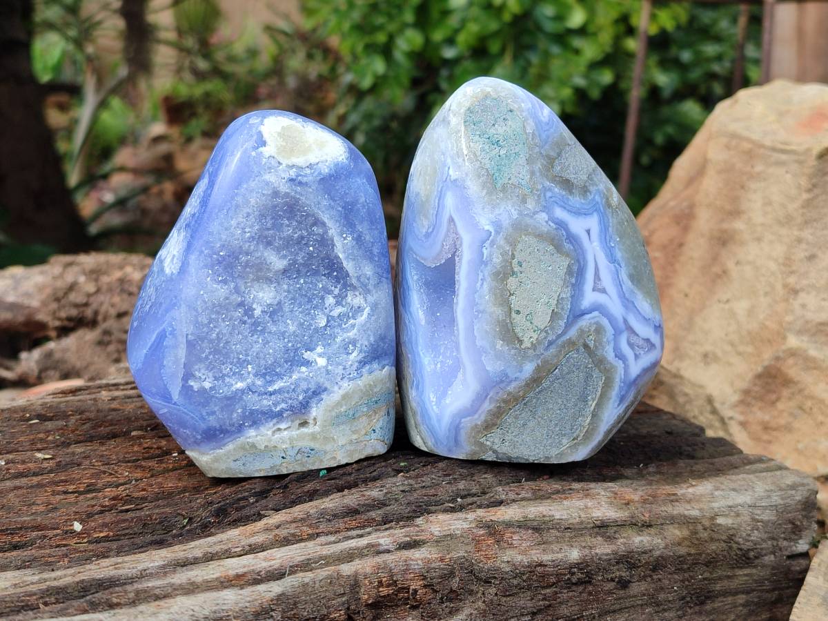 Polished Blue Lace Agate Standing Free Forms x 2 From Nsanje, Malawi - Toprock Gemstones and Minerals 