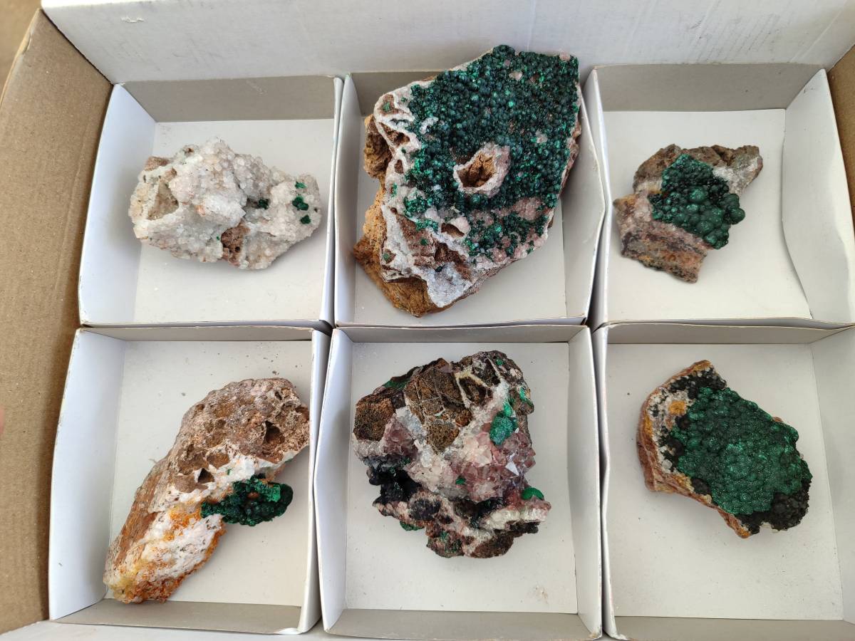 Natural Ball Malachite and Drusy Quartz On Dolomite Matrix Specimens x 6 From Mindingi Mine, Kambove, Congo - Toprock Gemstones and Minerals 