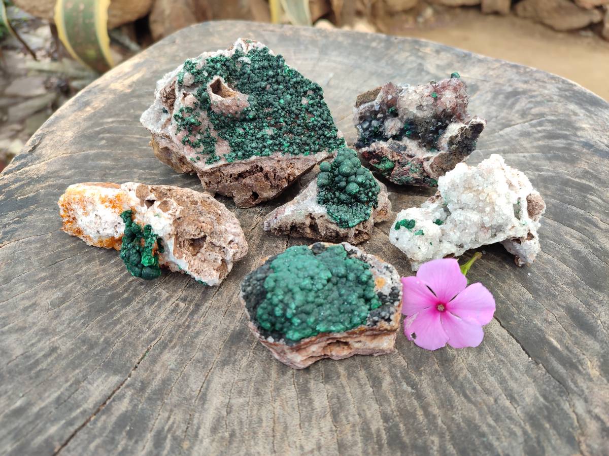 Natural Ball Malachite and Drusy Quartz On Dolomite Matrix Specimens x 6 From Mindingi Mine, Kambove, Congo - Toprock Gemstones and Minerals 