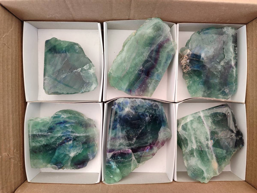 Polished On One Side Watermelon Fluorite Slices x 6 From Uis, Namibia - Toprock Gemstones and Minerals 