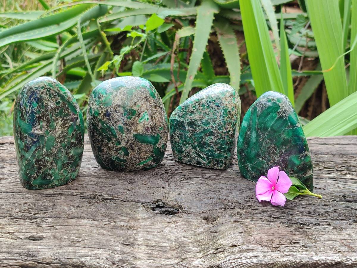 Polished Emerald Mica 'Mutokolite' Standing Free Forms x 4 From Mutoko, Zimbabwe - Toprock Gemstones and Minerals 