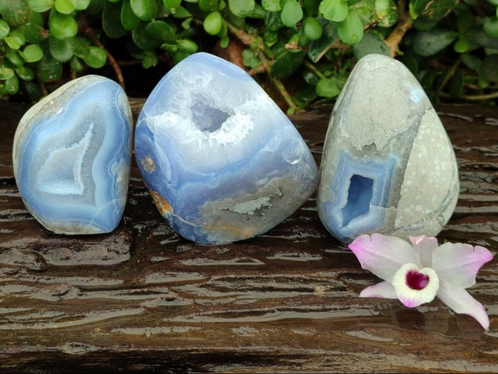 Polished Blue Lace Agate Standing Free Forms x 3 From Nsanje, Malawi - Toprock Gemstones and Minerals 