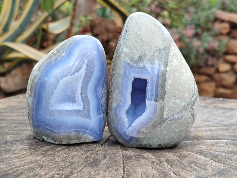 Polished Blue Lace Agate Standing Free Forms x 3 From Nsanje, Malawi - Toprock Gemstones and Minerals 