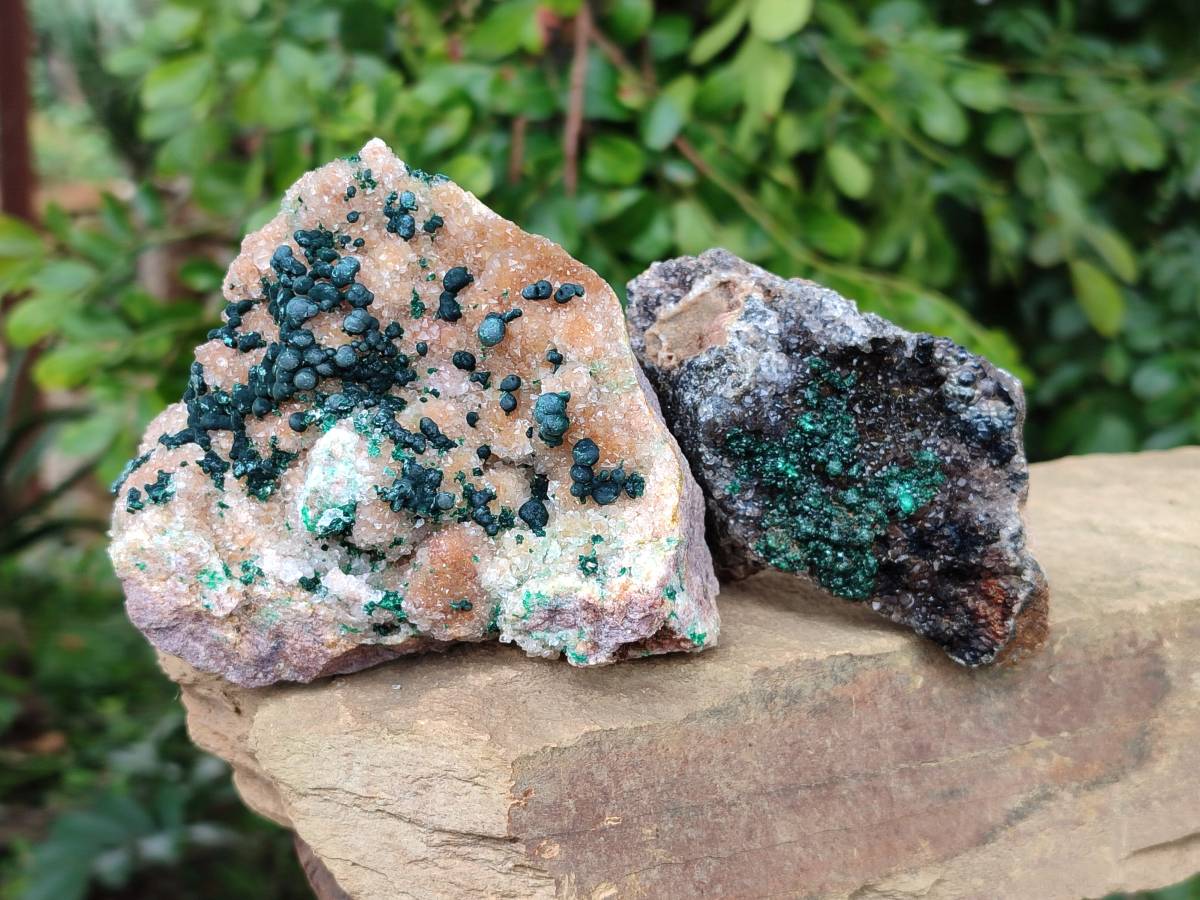 Natural Ball Malachite and Drusy Quartz On Dolomite Matrix Specimens x 2 From Mindingi Mine, Kambove, Congo - Toprock Gemstones and Minerals 
