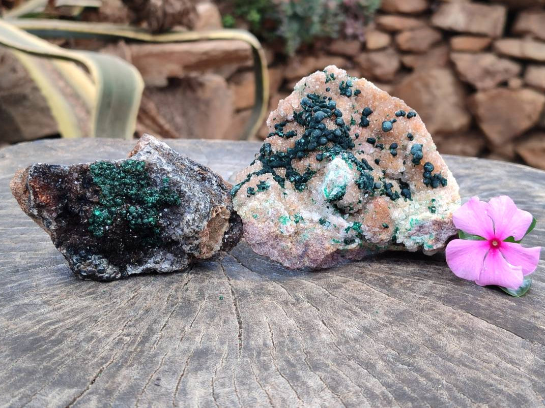Natural Ball Malachite and Drusy Quartz On Dolomite Matrix Specimens x 2 From Mindingi Mine, Kambove, Congo - Toprock Gemstones and Minerals 