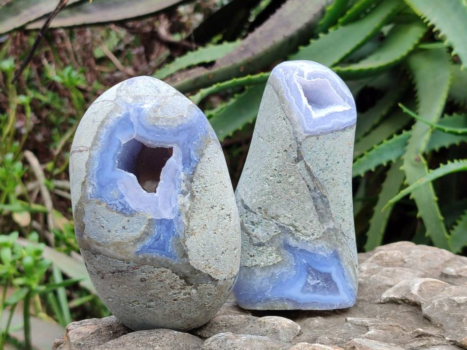 Polished Blue Lace Agate Standing Free Forms x 2 From Nsanje, Malawi - Toprock Gemstones and Minerals 