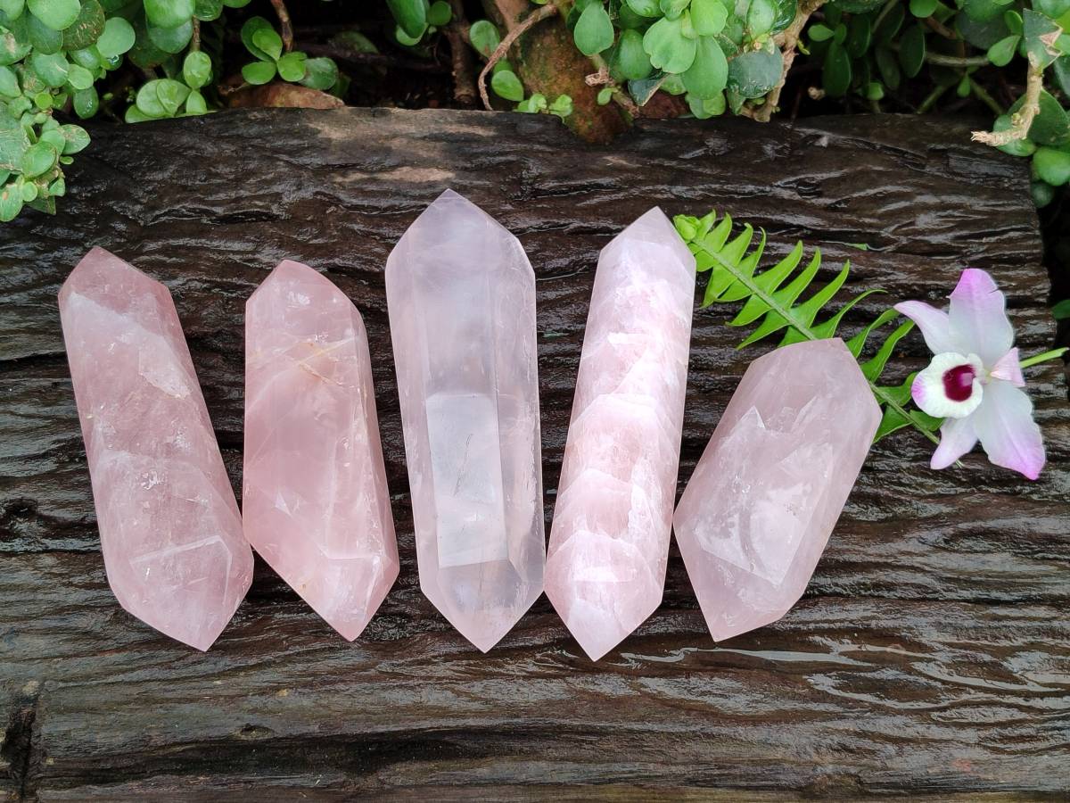 Polished Double Terminated Rose Quartz Crystals x 5 From Madagascar - Toprock Gemstones and Minerals 