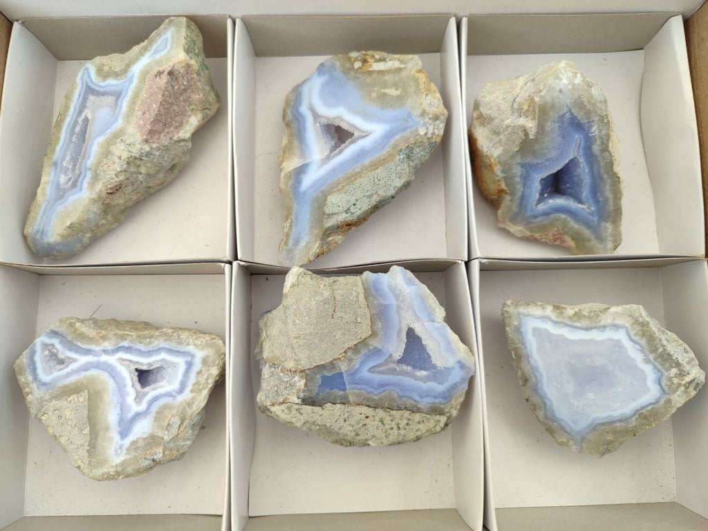 Polished On One Side Blue Lace Agate Geodes x 6 From Nsanje, Malawi - Toprock Gemstones and Minerals 