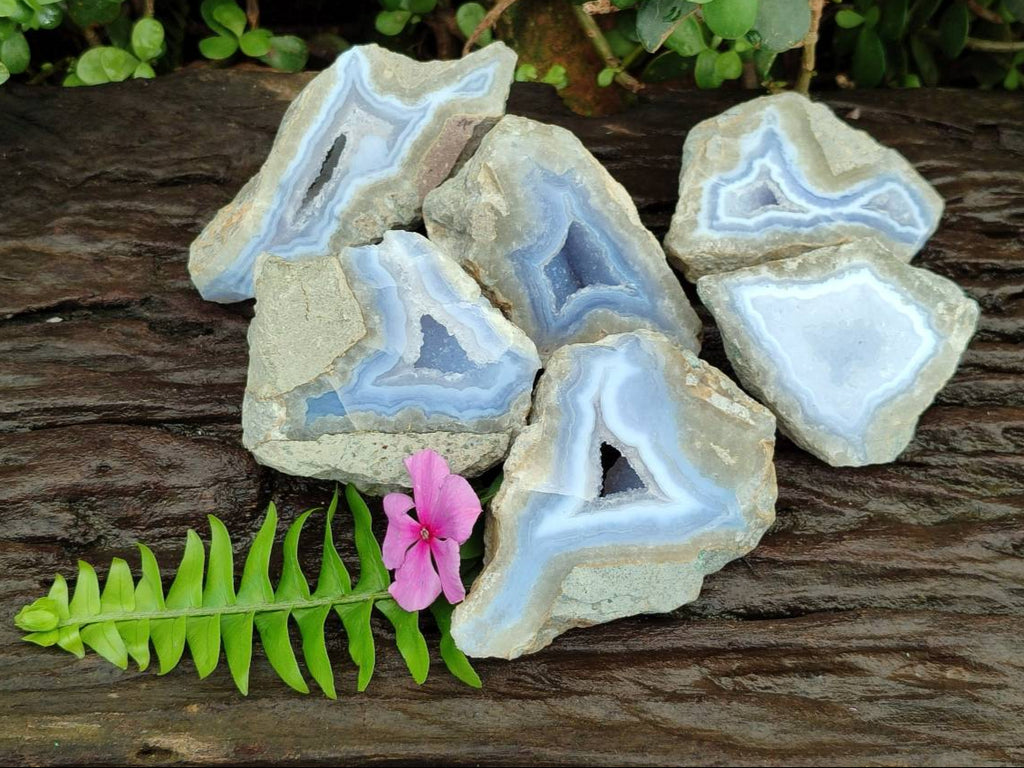 Polished On One Side Blue Lace Agate Geodes x 6 From Nsanje, Malawi - Toprock Gemstones and Minerals 