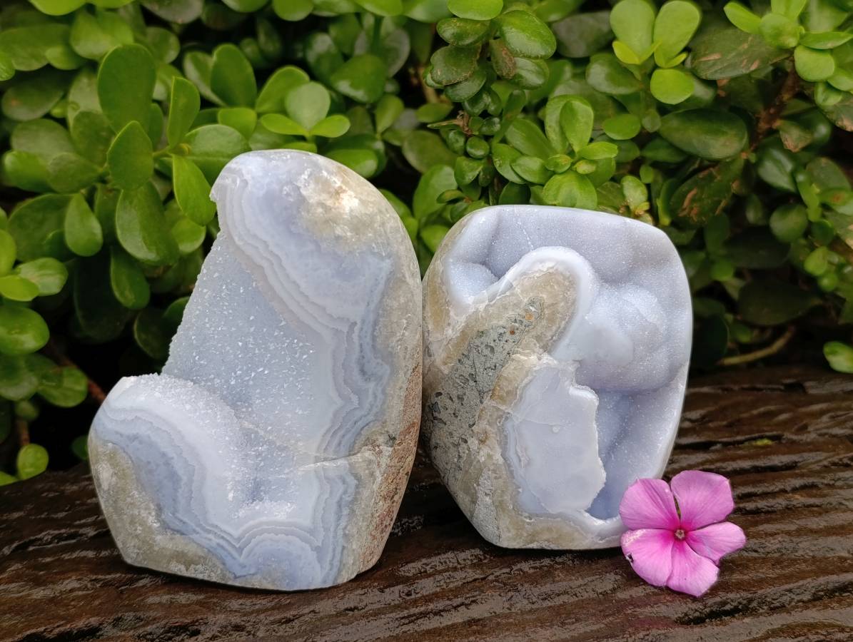 Polished Standing Free Forms Blue Lace Agate Geodes x 2 From Nsanje, Malawi - Toprock Gemstones and Minerals 