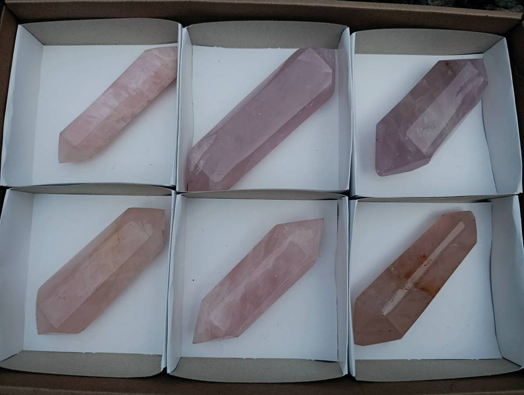 Polished Double Terminated Rose Quartz Crystals x 6 From Madagascar - Toprock Gemstones and Minerals 