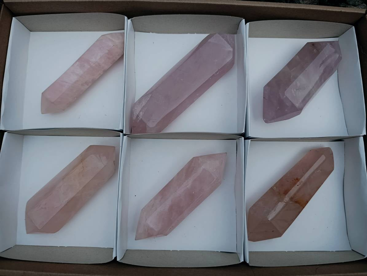 Polished Double Terminated Rose Quartz Crystals x 6 From Madagascar - Toprock Gemstones and Minerals 