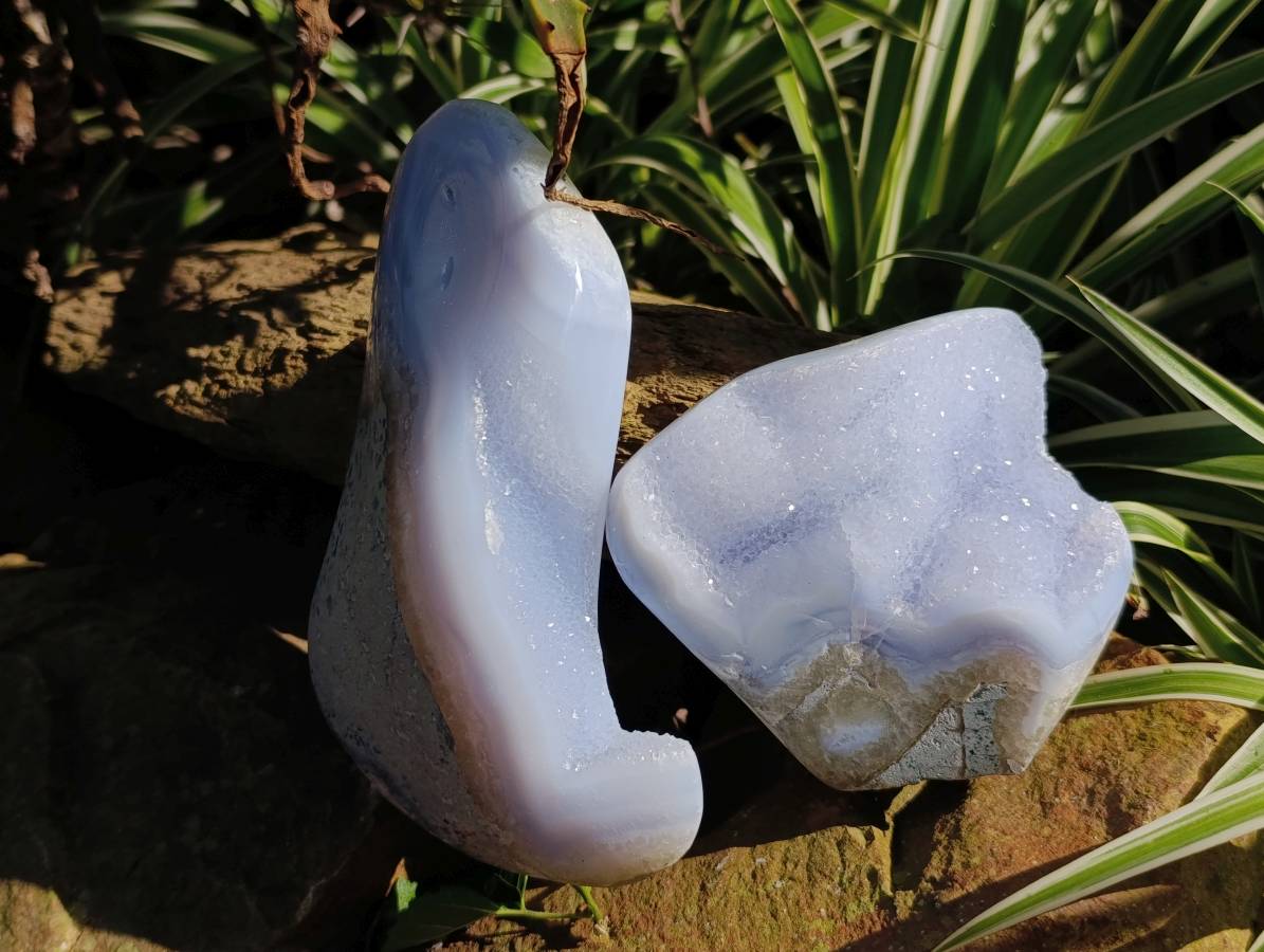 Polished Blue Lace Agate Standing And Free Form x 2 From Nsanje, Malawi - Toprock Gemstones and Minerals 