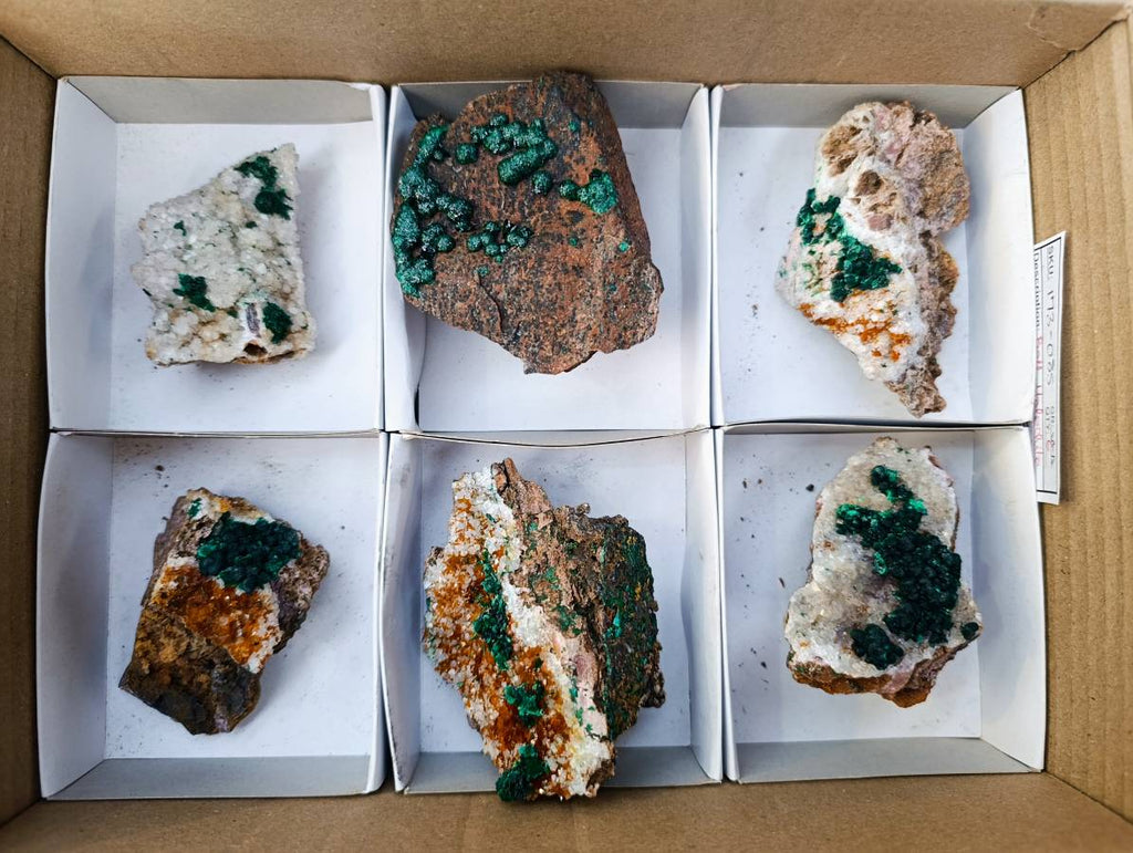 Natural Ball Malachite and Drusy Quartz On Dolomite Matrix Specimens x 6 From Mindingi Mine, Kambove, Congo - Toprock Gemstones and Minerals 