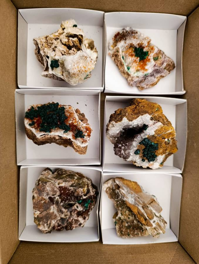 Natural Ball Malachite and Drusy Quartz On Dolomite Matrix Specimens x 6 From Mindingi Mine, Kambove, Congo - Toprock Gemstones and Minerals 