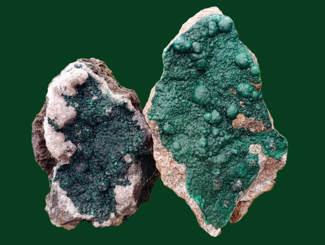 Natural Ball Malachite and Drusy Quartz On Dolomite Matrix Specimens x 2 From Mindingi Mine, Kambove, Congo - Toprock Gemstones and Minerals 