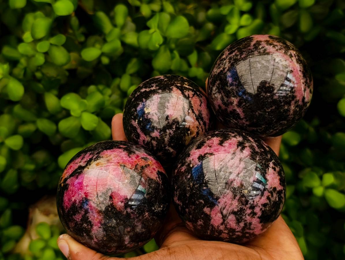 Polished Rhodonite Spheres x 4 From Ambindavato, Madagascar - Toprock Gemstones and Minerals 