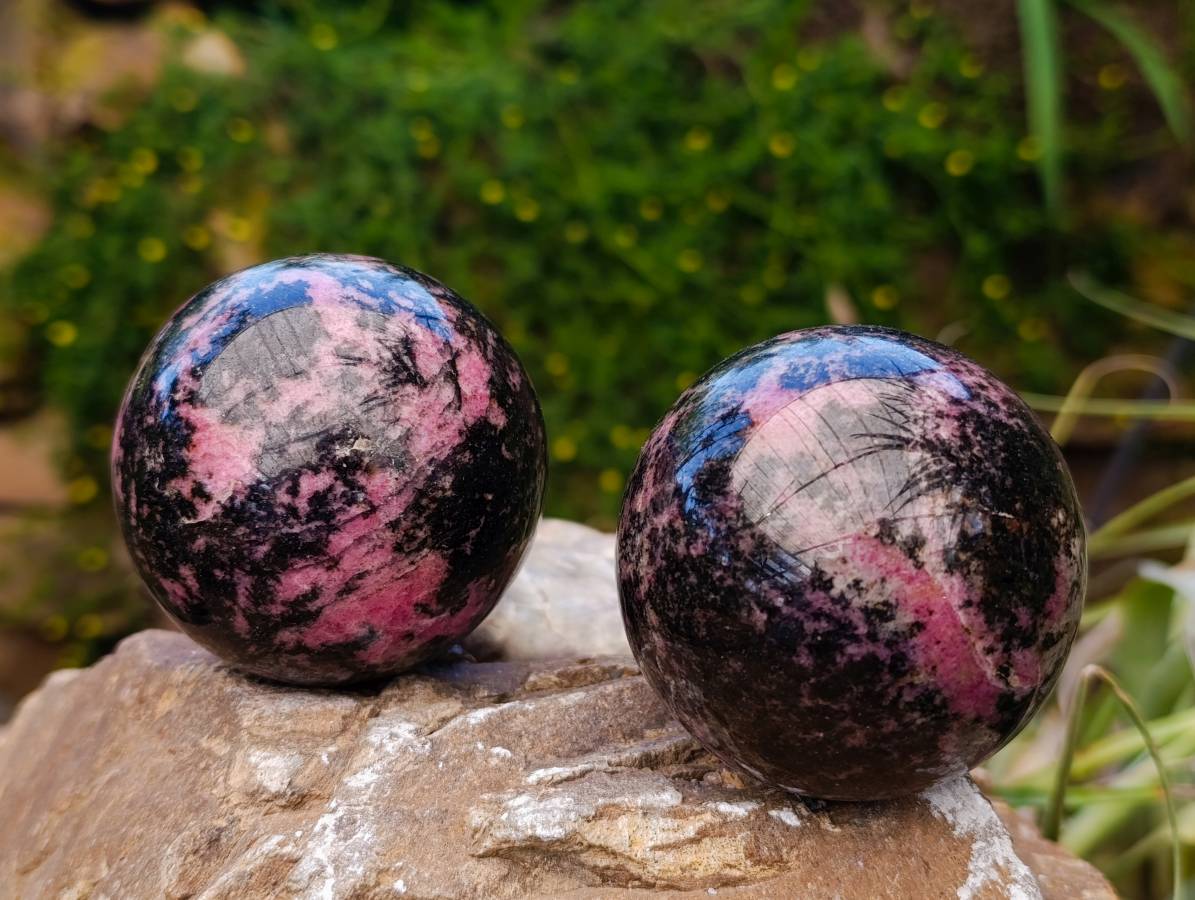 Polished Rhodonite Spheres x 4 From Ambindavato, Madagascar - Toprock Gemstones and Minerals 