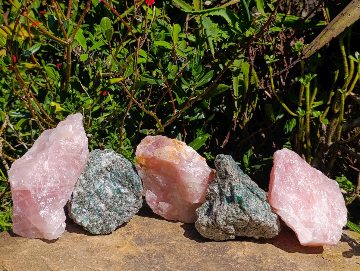 Natural Rose Quartz And Emerald Mica 'Mutokolite' Rough Specimens x 5 From Southern Africa - Toprock Gemstones and Minerals 