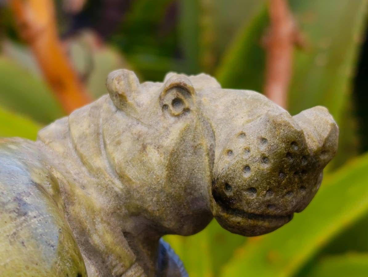 Hand Made Black Soapstone Baboon and Verdite Hippo Carvings x 2 From Zimbabwe - Toprock Gemstones and Minerals 