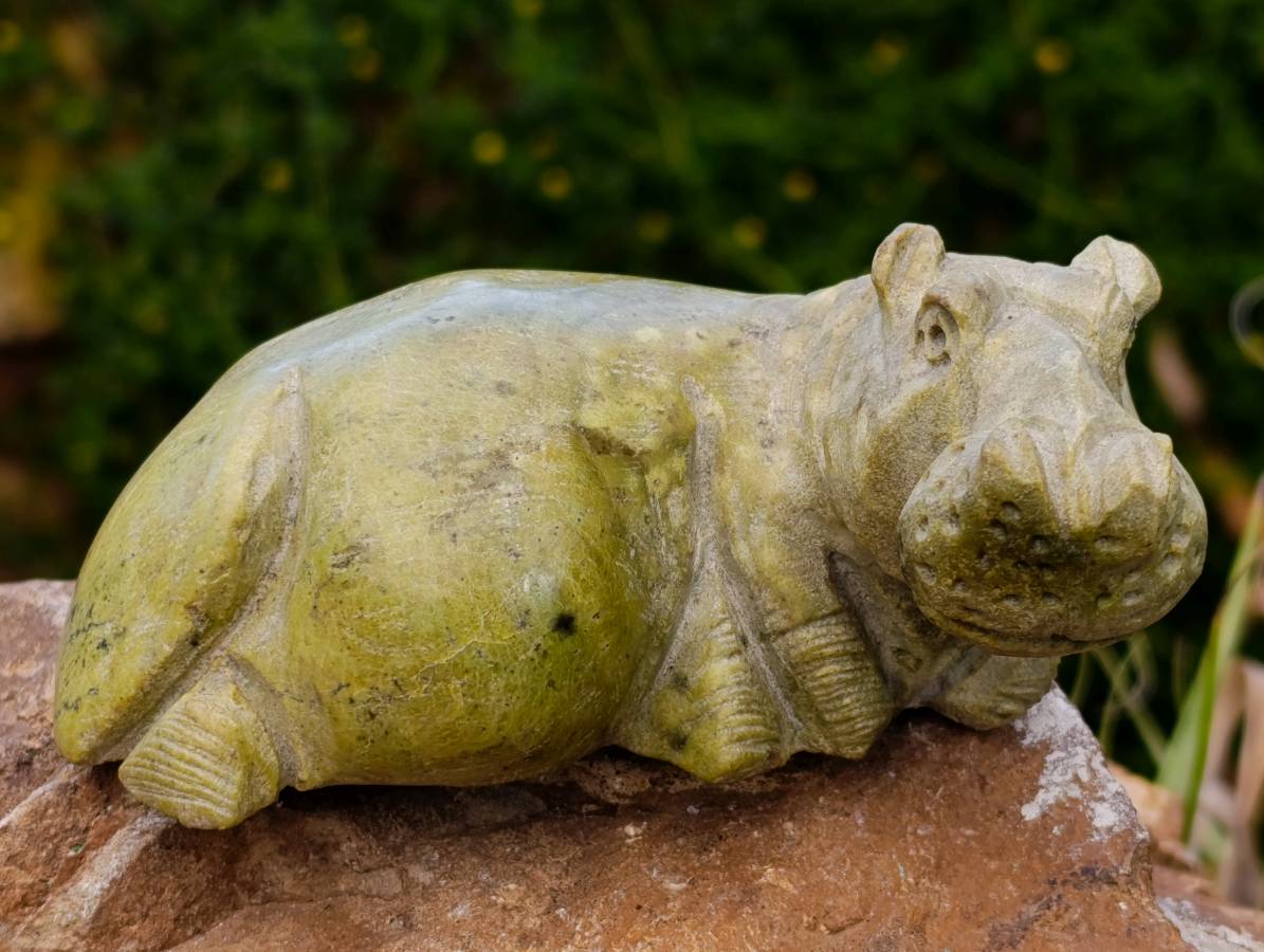 Hand Made Black Soapstone Baboon and Verdite Hippo Carvings x 2 From Zimbabwe - Toprock Gemstones and Minerals 