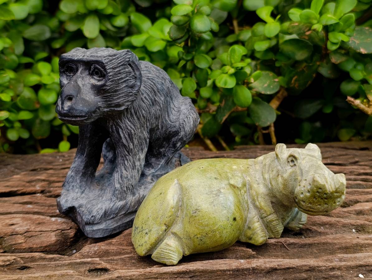 Hand Made Black Soapstone Baboon and Verdite Hippo Carvings x 2 From Zimbabwe - Toprock Gemstones and Minerals 
