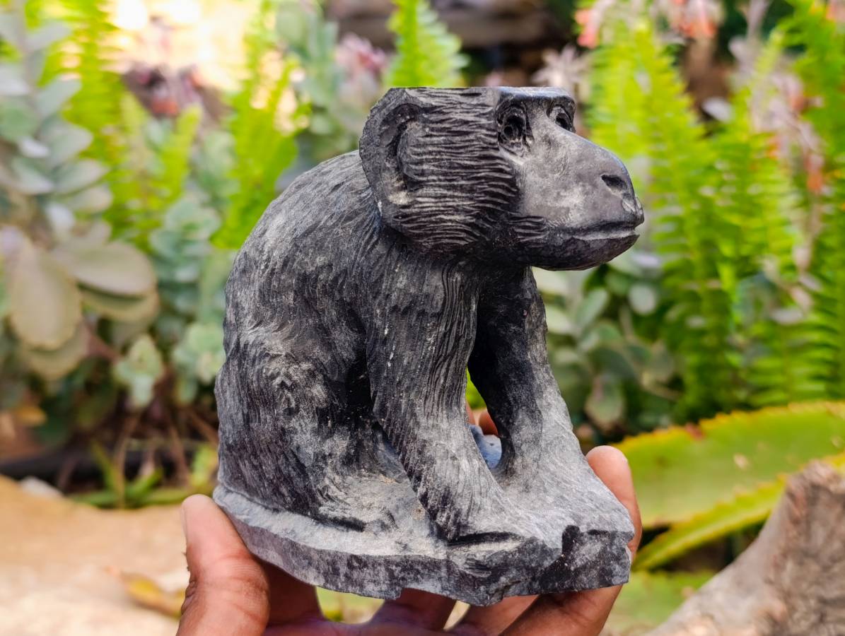 Hand Made Black Soapstone Baboon and Verdite Hippo Carvings x 2 From Zimbabwe - Toprock Gemstones and Minerals 