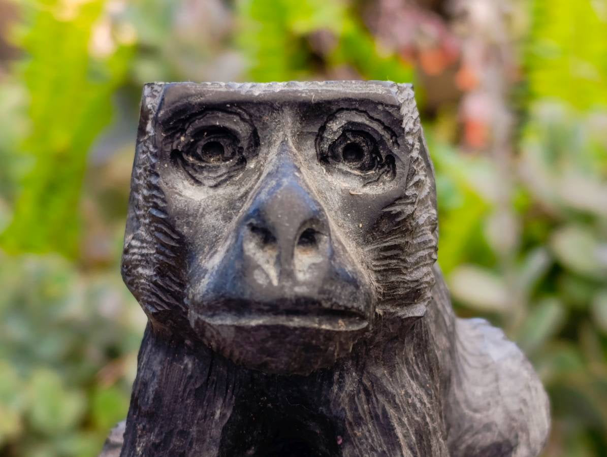 Hand Made Black Soapstone Baboon and Verdite Hippo Carvings x 2 From Zimbabwe - Toprock Gemstones and Minerals 