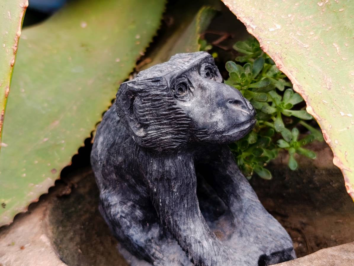 Hand Made Black Soapstone Baboon and Verdite Hippo Carvings x 2 From Zimbabwe - Toprock Gemstones and Minerals 