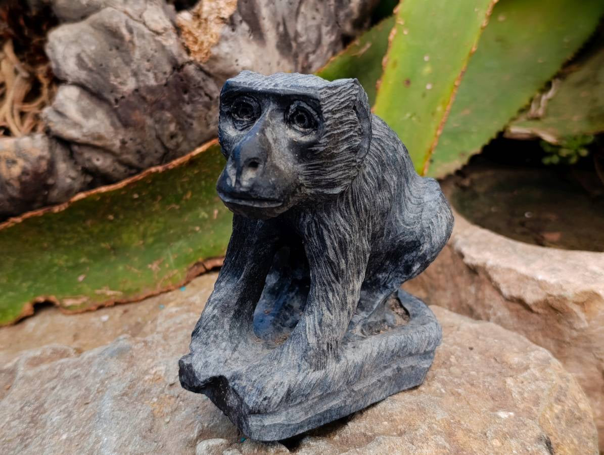 Hand Made Black Soapstone Baboon and Verdite Hippo Carvings x 2 From Zimbabwe - Toprock Gemstones and Minerals 