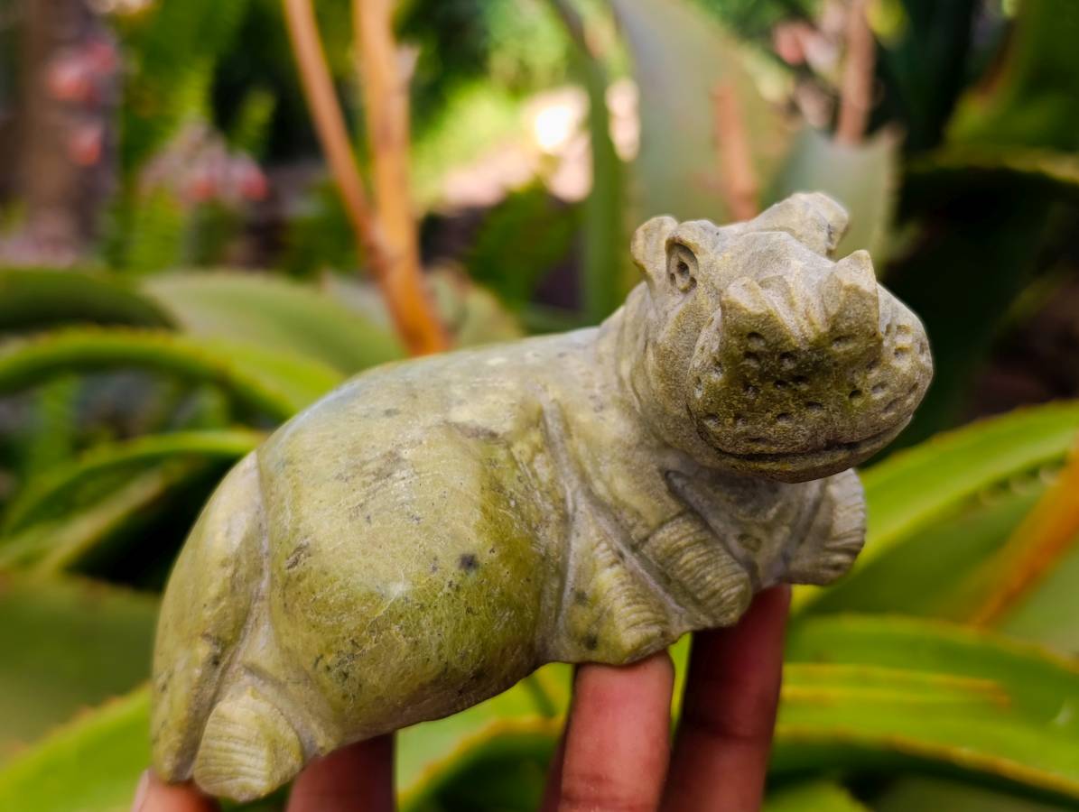 Hand Made Black Soapstone Baboon and Verdite Hippo Carvings x 2 From Zimbabwe - Toprock Gemstones and Minerals 