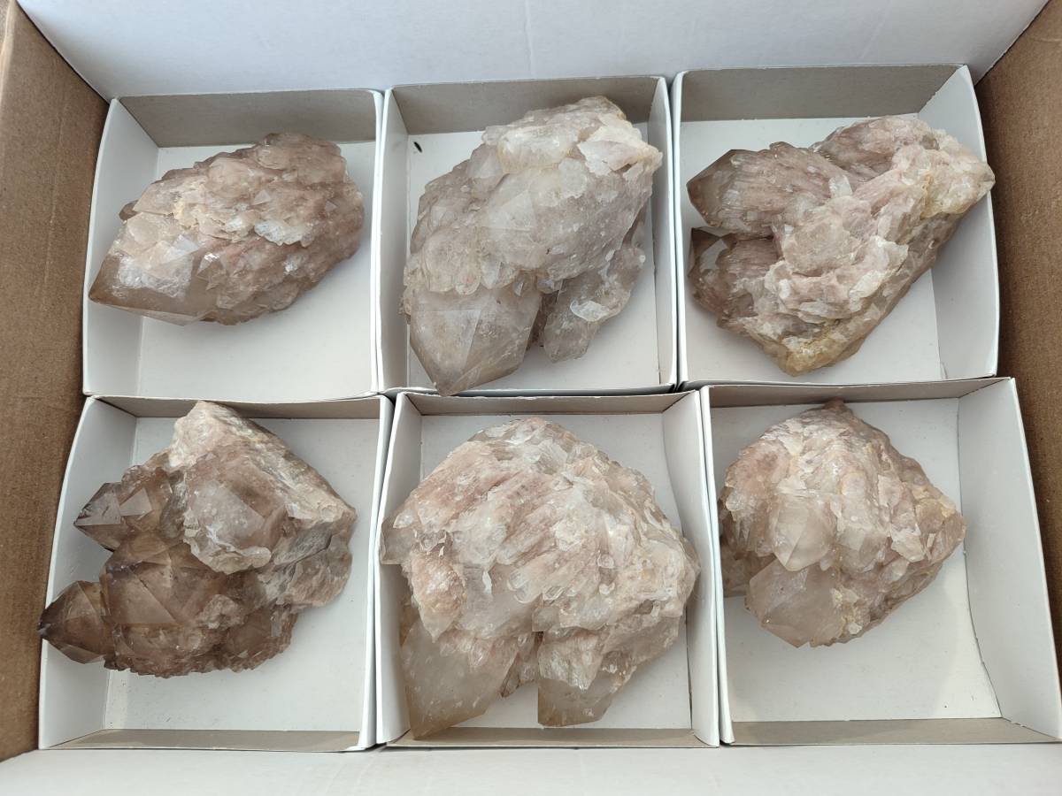 Natural Smokey Phantom Quartz Clusters x 6 From Luena, Congo - Toprock Gemstones and Minerals 