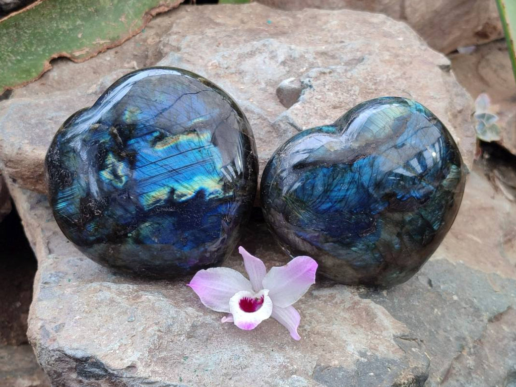 Polished Labradorite Hearts x 2 From Tulear, Madagascar - Toprock Gemstones and Minerals 