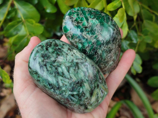 Polished Emerald Mica 'Mutokolite' Standing Free Forms x 3 From Mutoko, Zimbabwe
