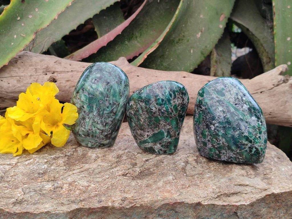 Polished Emerald Mica 'Mutokolite' Standing Free Forms x 3 From Mutoko, Zimbabwe - Toprock Gemstones and Minerals 