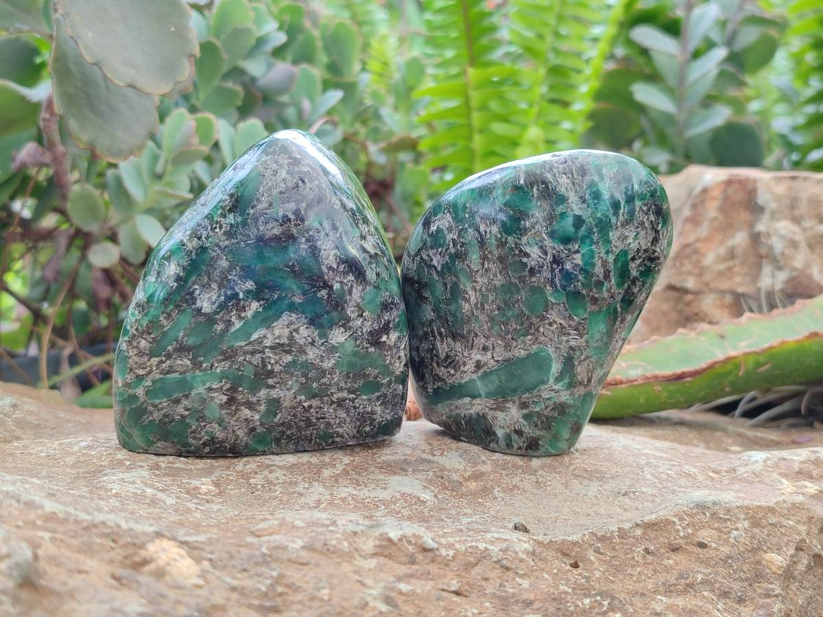 Polished Emerald Mica 'Mutokolite' Standing Free Forms x 3 From Mutoko, Zimbabwe - Toprock Gemstones and Minerals 