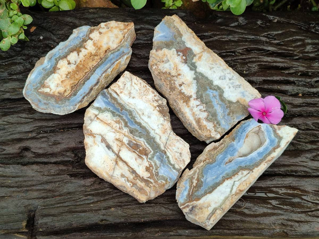 Polished On One Side Blue Lace Agate with Crazy Lace x 4 From Namibia - Toprock Gemstones and Minerals 