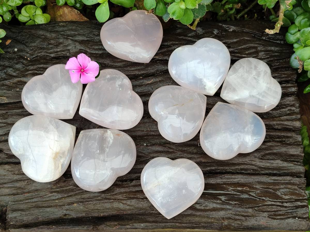 Polished Rose Quartz Hearts x 12 From Madagascar - Toprock Gemstones and Minerals 